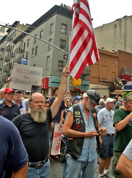 An anti-Muslim demonstration against the construction of an Islamic community center in Lower Manhattan
