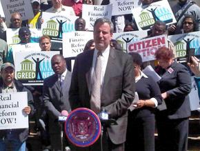 Bill de Blasio leads a rally for financial reform